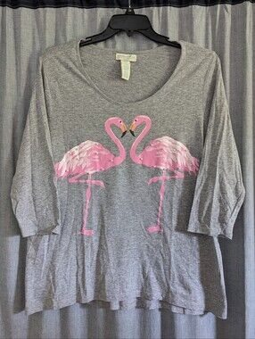 Caribbean Joe Women's 1X Flamingo Pearl Buttons Rhinestones Gray Pink 3/4 Sleeve
